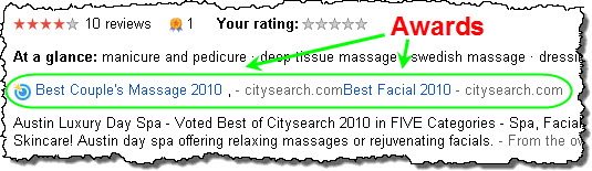 Example of an award highlighted on a Google Places page